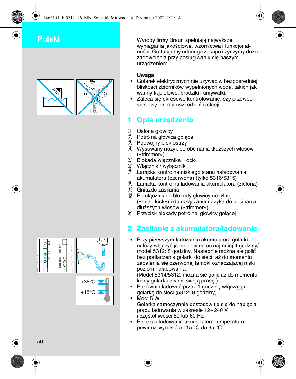 Polski, 1 opis urzàdzenia, 2 zasilanie z akumulatora/∏adowanie | Braun 5312-5465 Flex Integral User Manual | Page 56 / 76