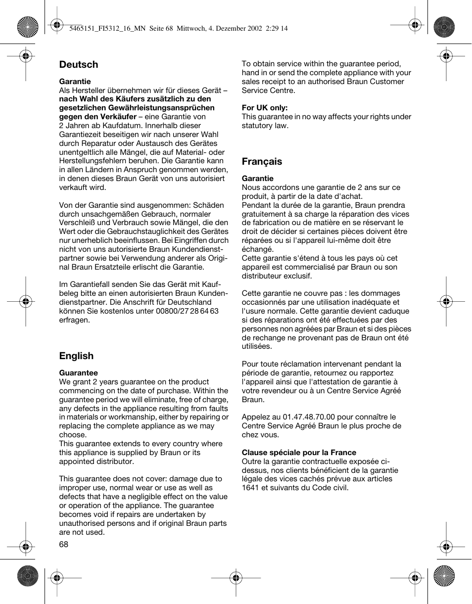 Braun 5312-5465 Flex Integral User Manual | Page 68 / 76