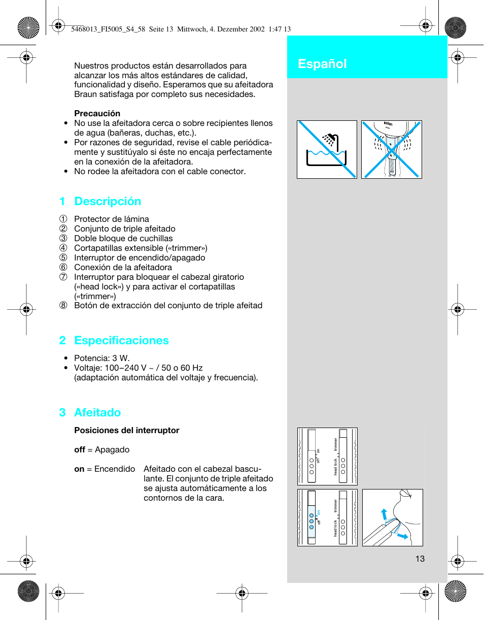 Español, 1 descripción, 2 especificaciones | 3 afeitado | Braun 5005 Flex Integral User Manual | Page 13 / 54