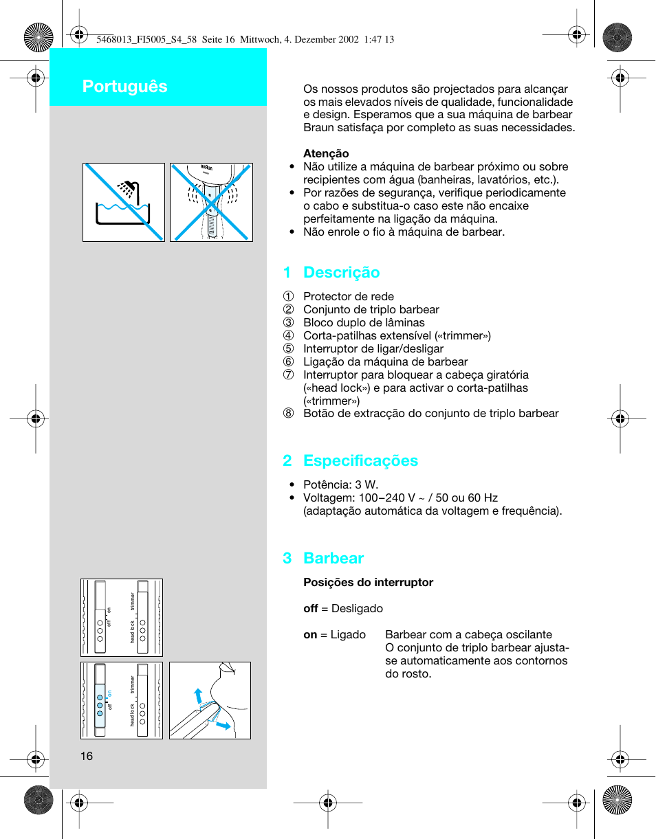 Português, 1 descrição, 2 especificações | 3 barbear | Braun 5005 Flex Integral User Manual | Page 16 / 54