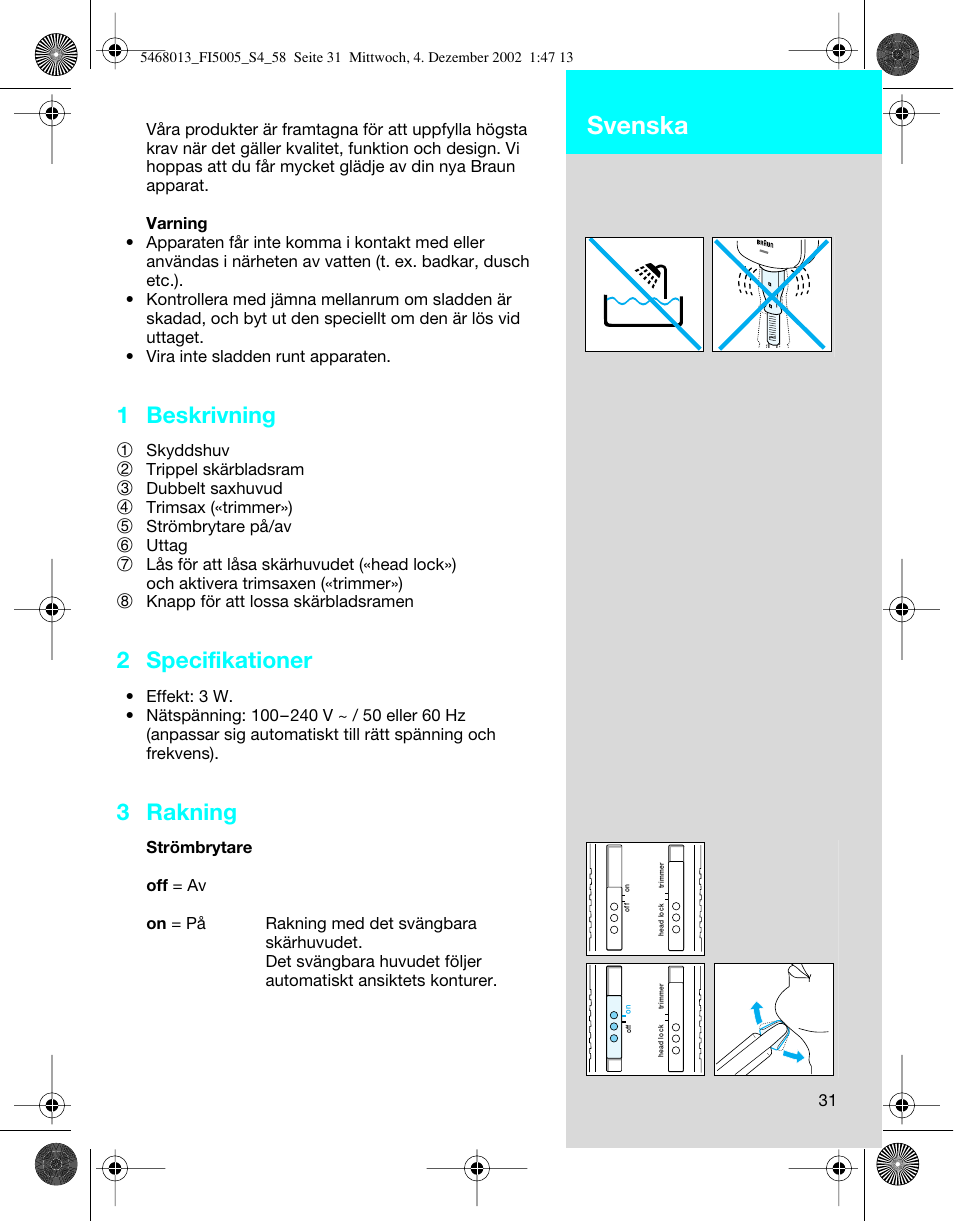 Svenska, 1 beskrivning, 2 specifikationer | 3 rakning | Braun 5005 Flex Integral User Manual | Page 31 / 54