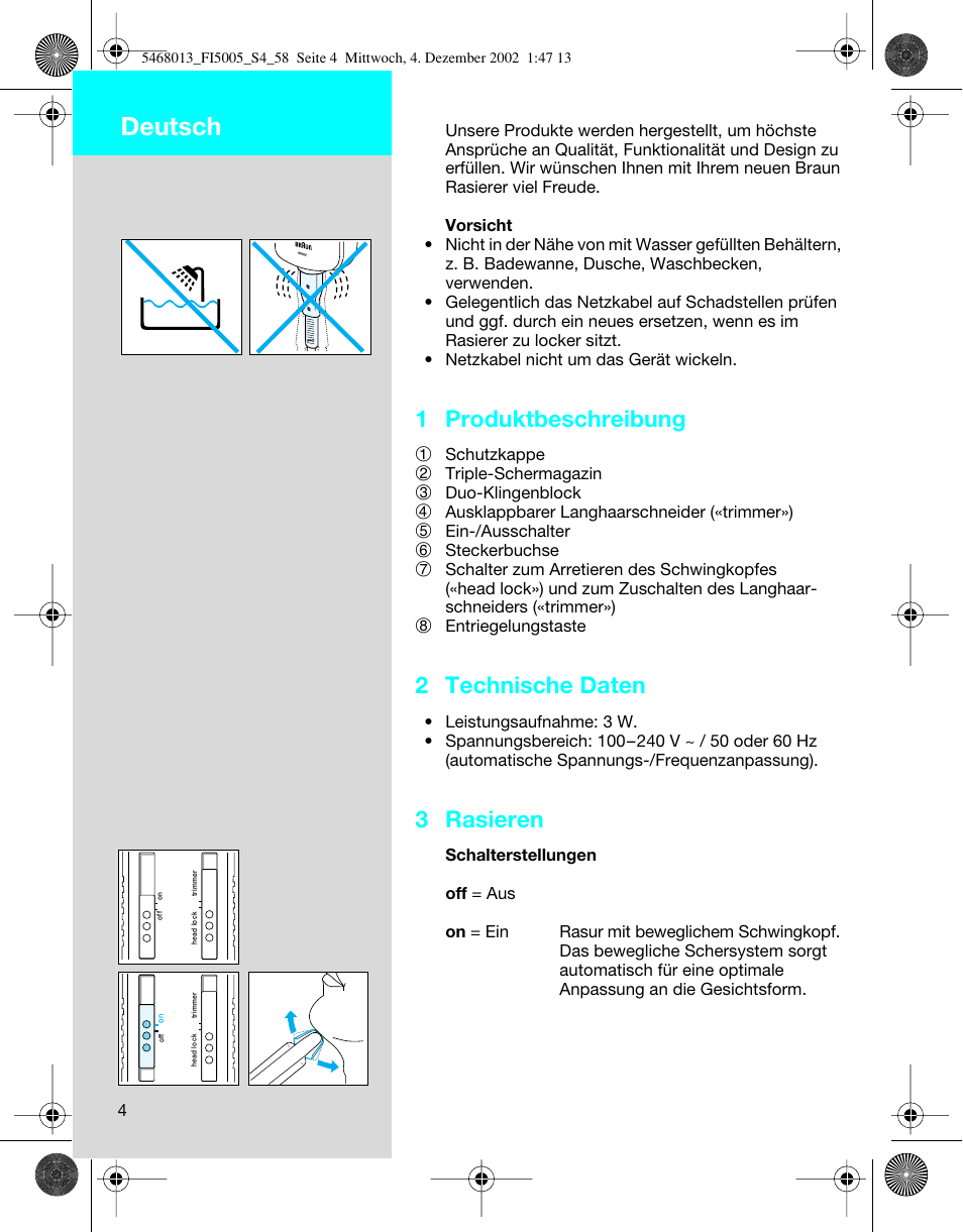 Deutsch, 1 produktbeschreibung, 2 technische daten | 3 rasieren | Braun 5005 Flex Integral User Manual | Page 4 / 54