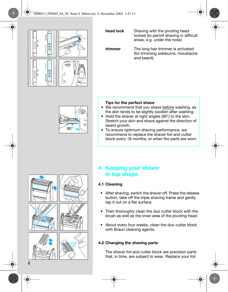 4 keeping your shaver in top shape | Braun 5005 Flex Integral User Manual | Page 8 / 54