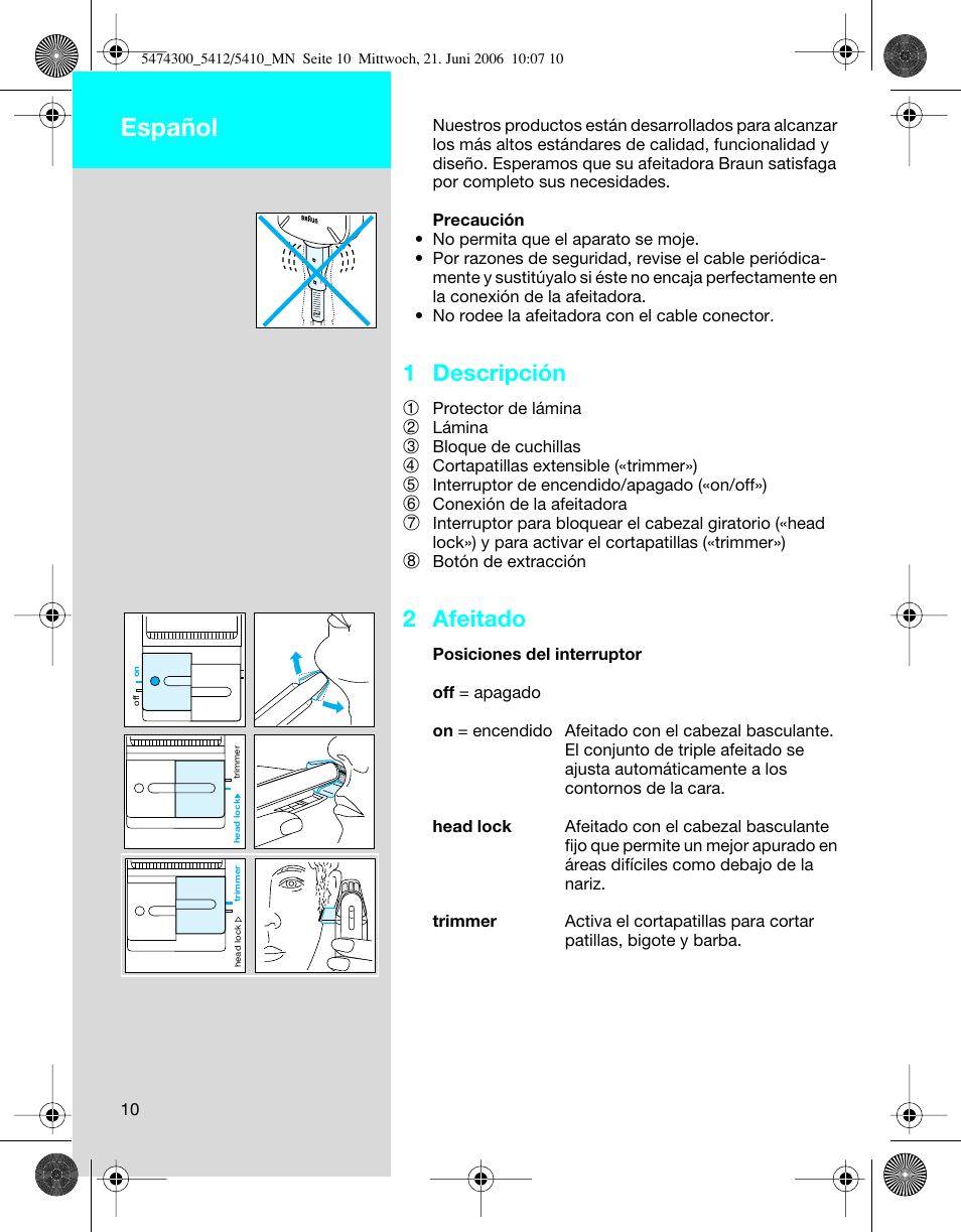 Español, 1 descripción, 2 afeitado | Braun 5410 Flex Integral+ User Manual | Page 10 / 33