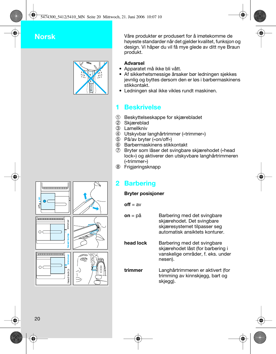 Norsk, 1 beskrivelse, 2 barbering | Braun 5410 Flex Integral+ User Manual | Page 20 / 33