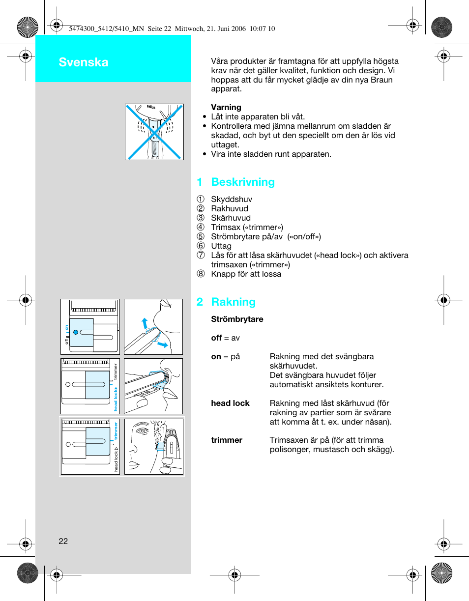 Svenska, 1 beskrivning, 2 rakning | Braun 5410 Flex Integral+ User Manual | Page 22 / 33