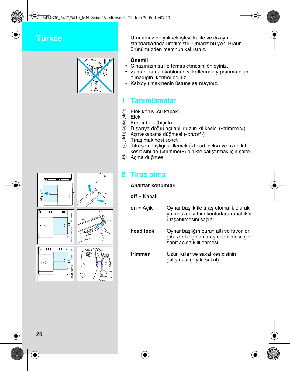 Türkçe, 1 tanımlamalar, 2 tıraµ olma | Braun 5410 Flex Integral+ User Manual | Page 26 / 33