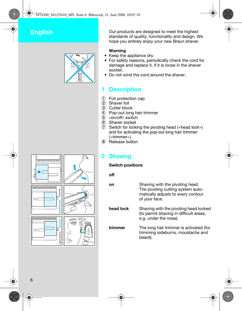 English, 1 description, 2 shaving | Braun 5410 Flex Integral+ User Manual | Page 6 / 33