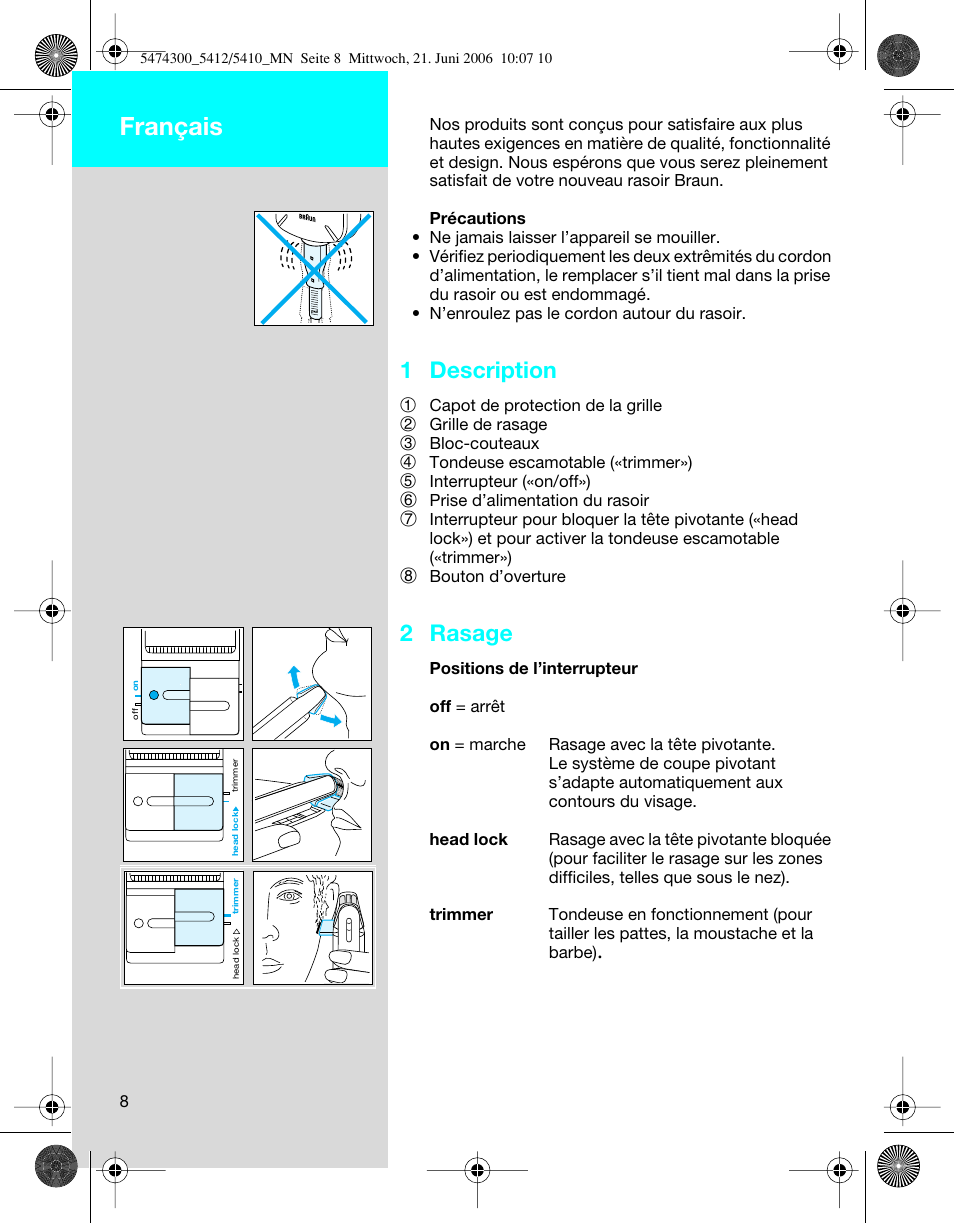 Français, 1 description, 2 rasage | Braun 5410 Flex Integral+ User Manual | Page 8 / 33