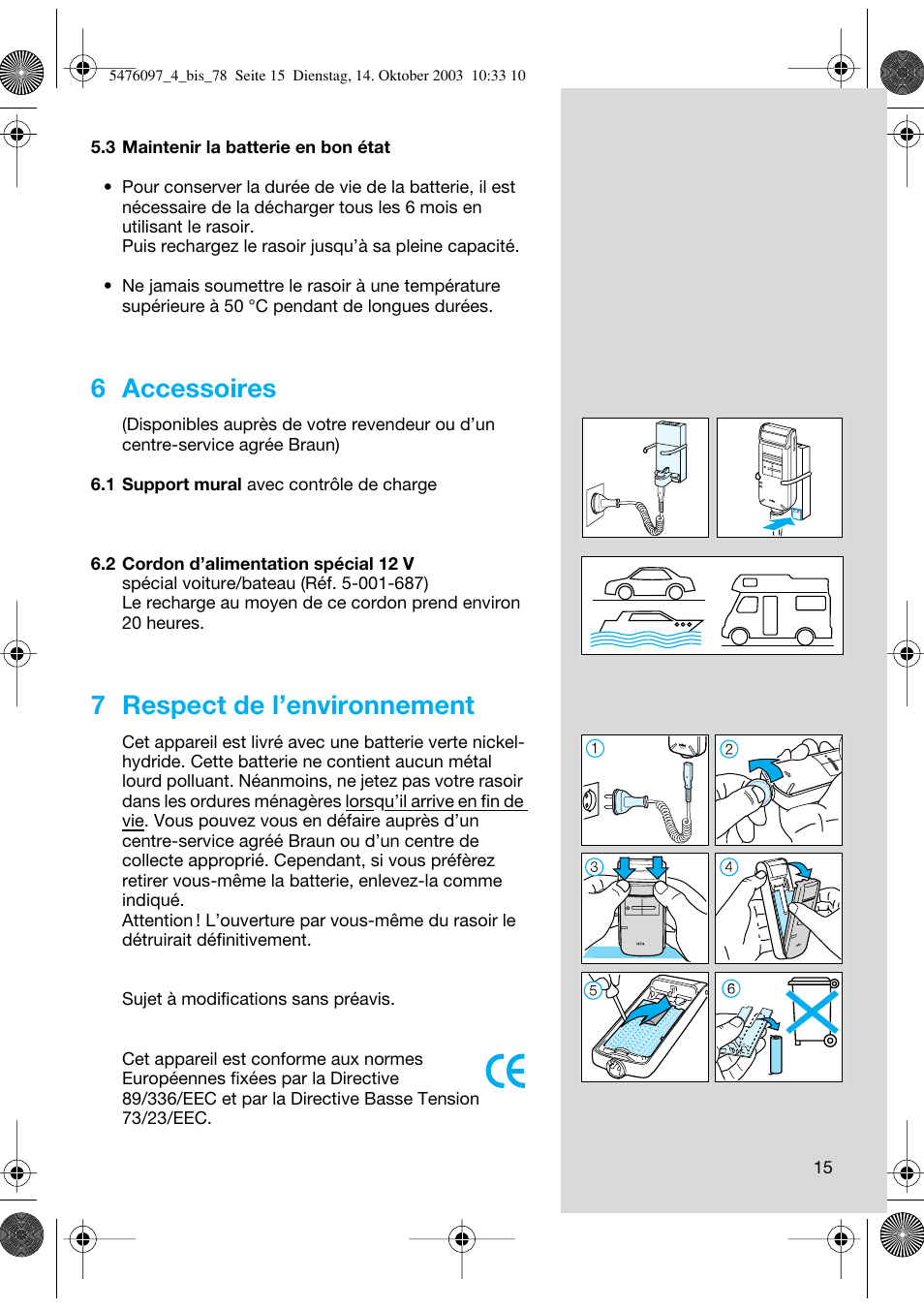 6 accessoires, 7 respect de l’environnement | Braun 5414 Flex Integral User Manual | Page 15 / 76