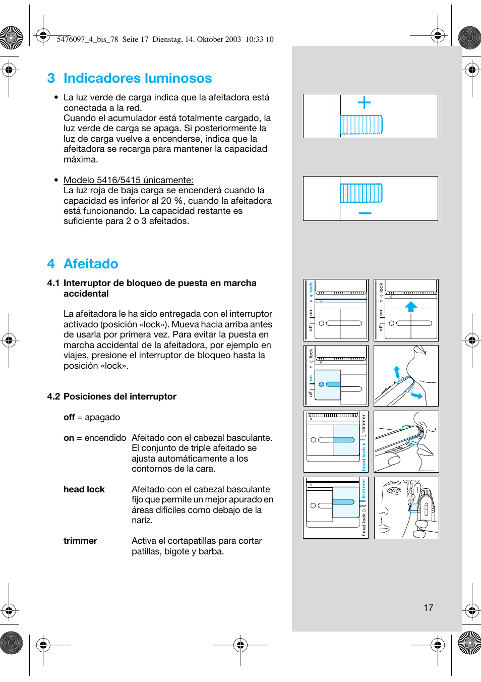 3 indicadores luminosos, 4 afeitado | Braun 5414 Flex Integral User Manual | Page 17 / 76