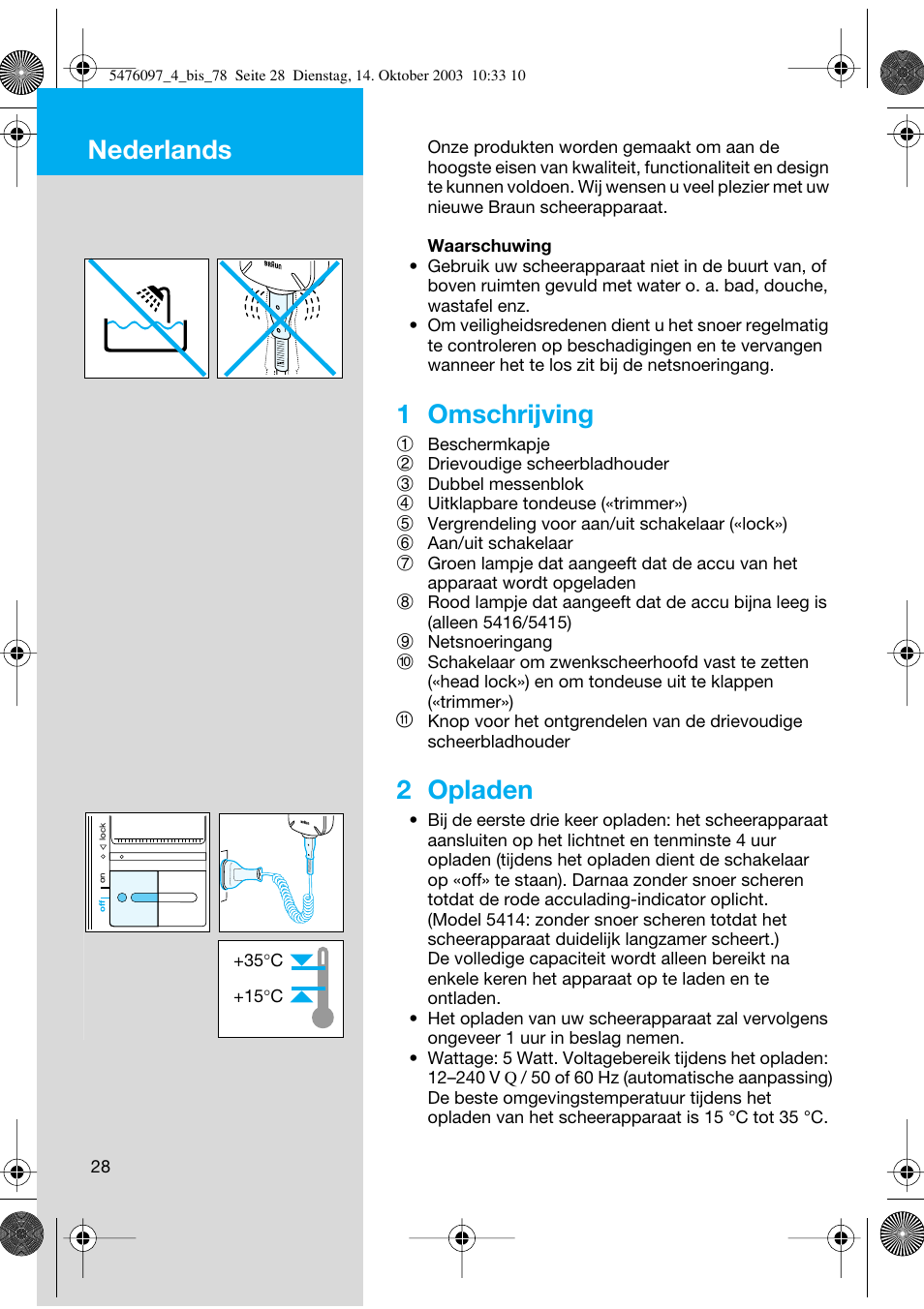 Nederlands, 1 omschrijving, 2 opladen | Braun 5414 Flex Integral User Manual | Page 28 / 76