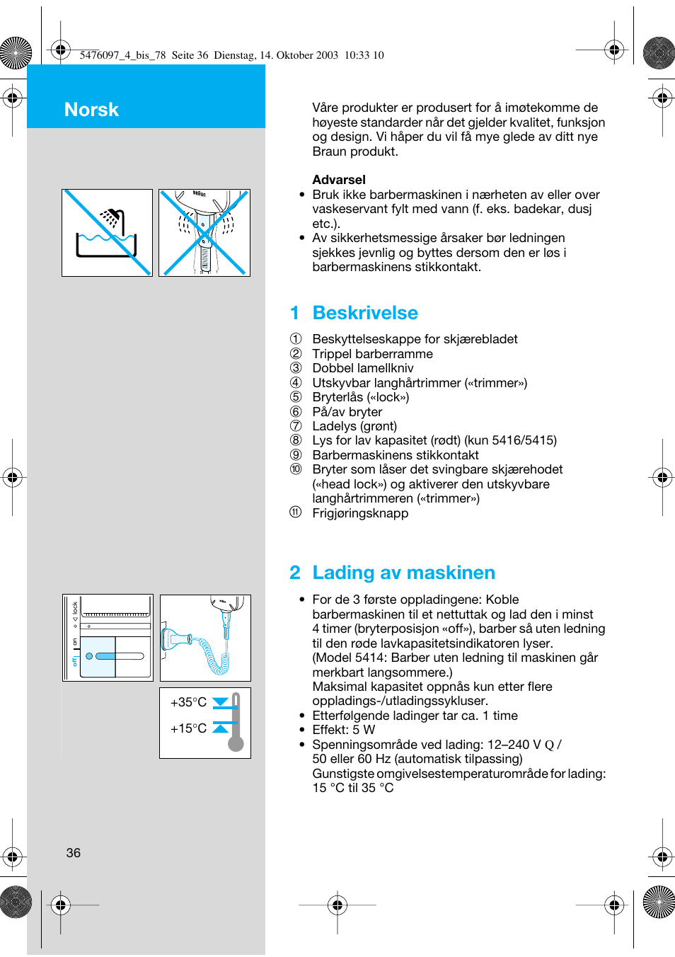 Norsk, 1 beskrivelse, 2 lading av maskinen | Braun 5414 Flex Integral User Manual | Page 36 / 76