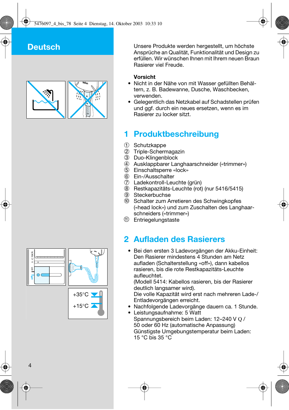 Deutsch, 1 produktbeschreibung, 2 aufladen des rasierers | Braun 5414 Flex Integral User Manual | Page 4 / 76