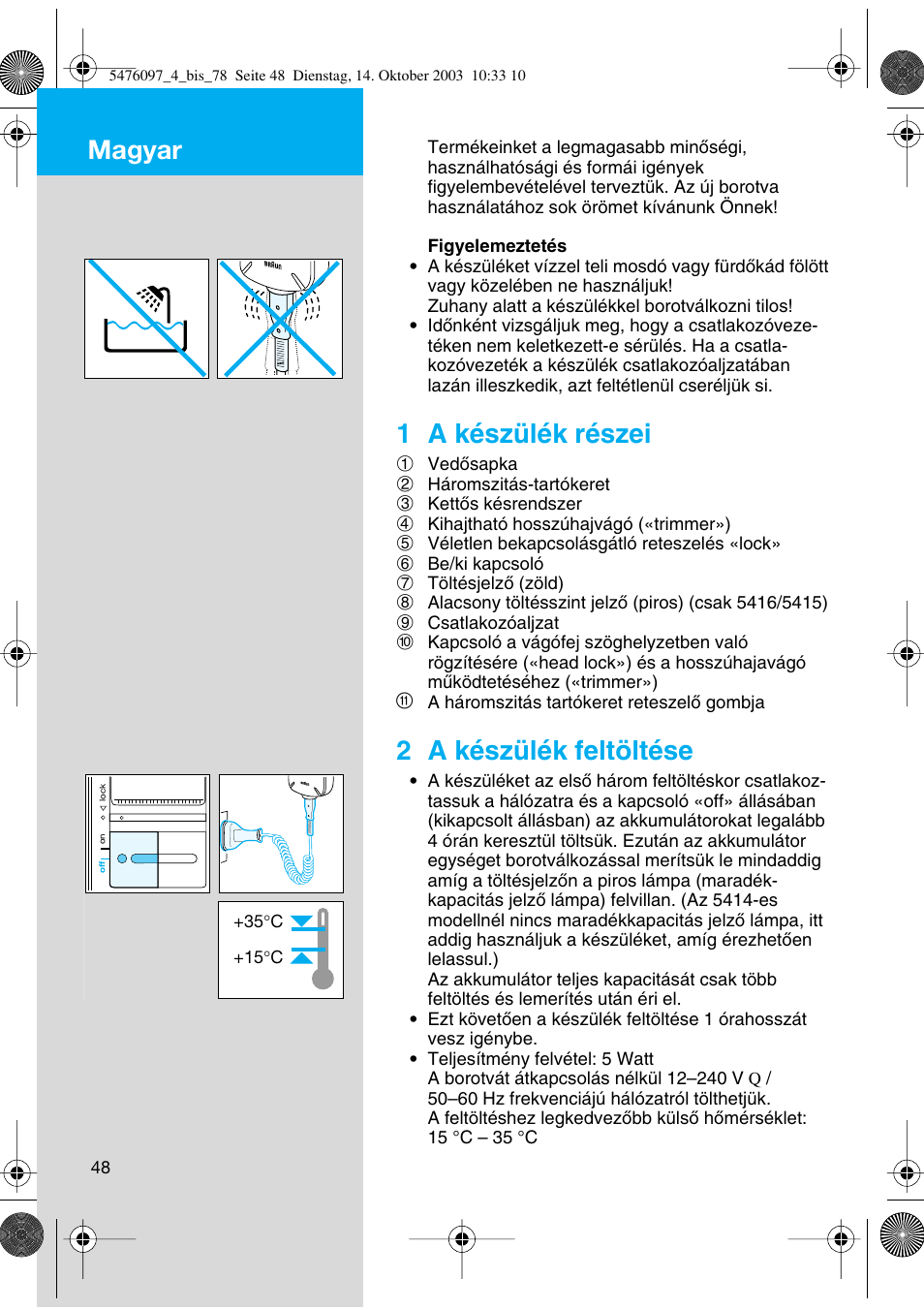 Magyar, 1 a készülék részei, 2 a készülék feltöltése | Braun 5414 Flex Integral User Manual | Page 48 / 76