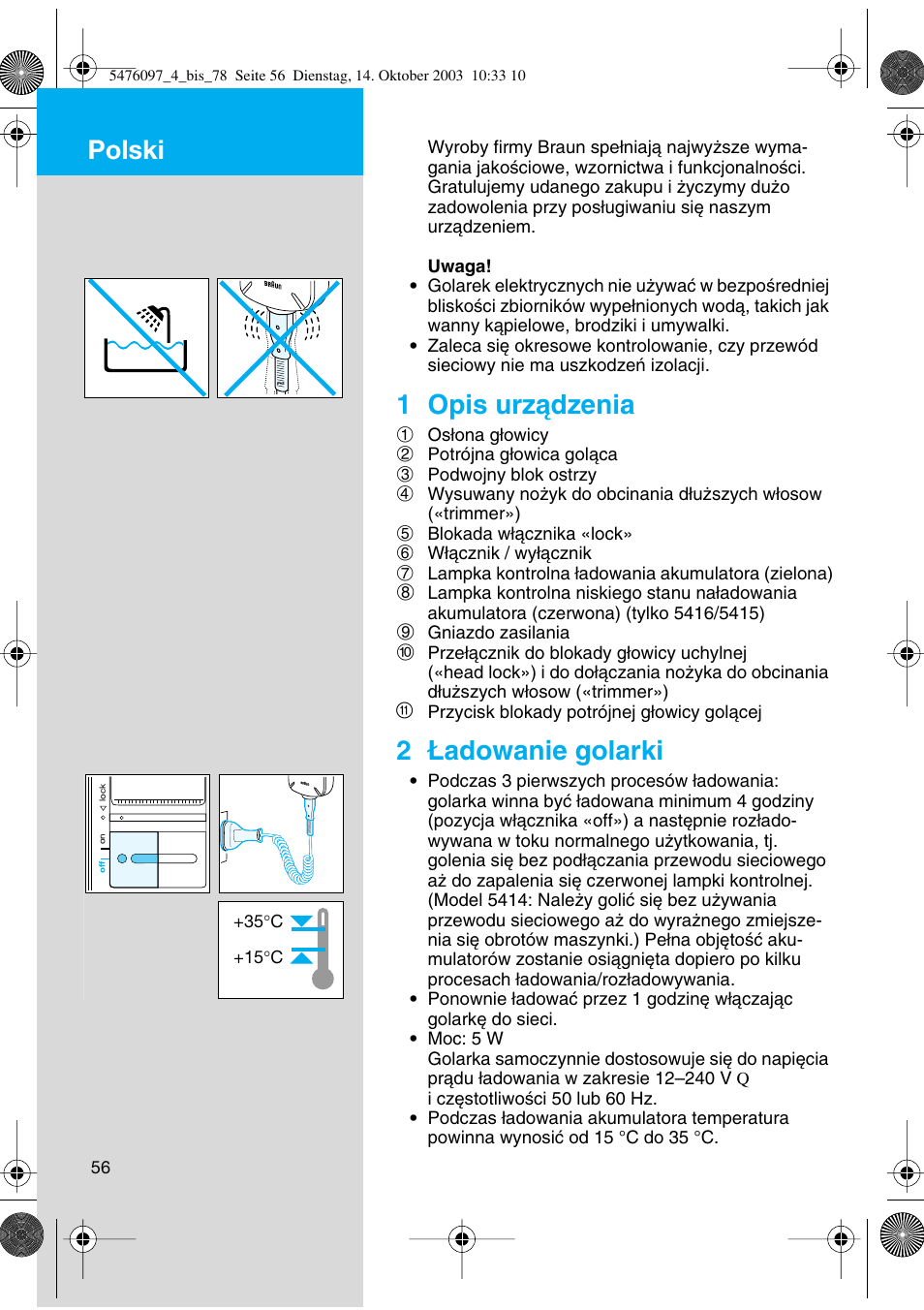 Polski, 1 opis urzàdzenia, 2 ¸adowanie golarki | Braun 5414 Flex Integral User Manual | Page 56 / 76