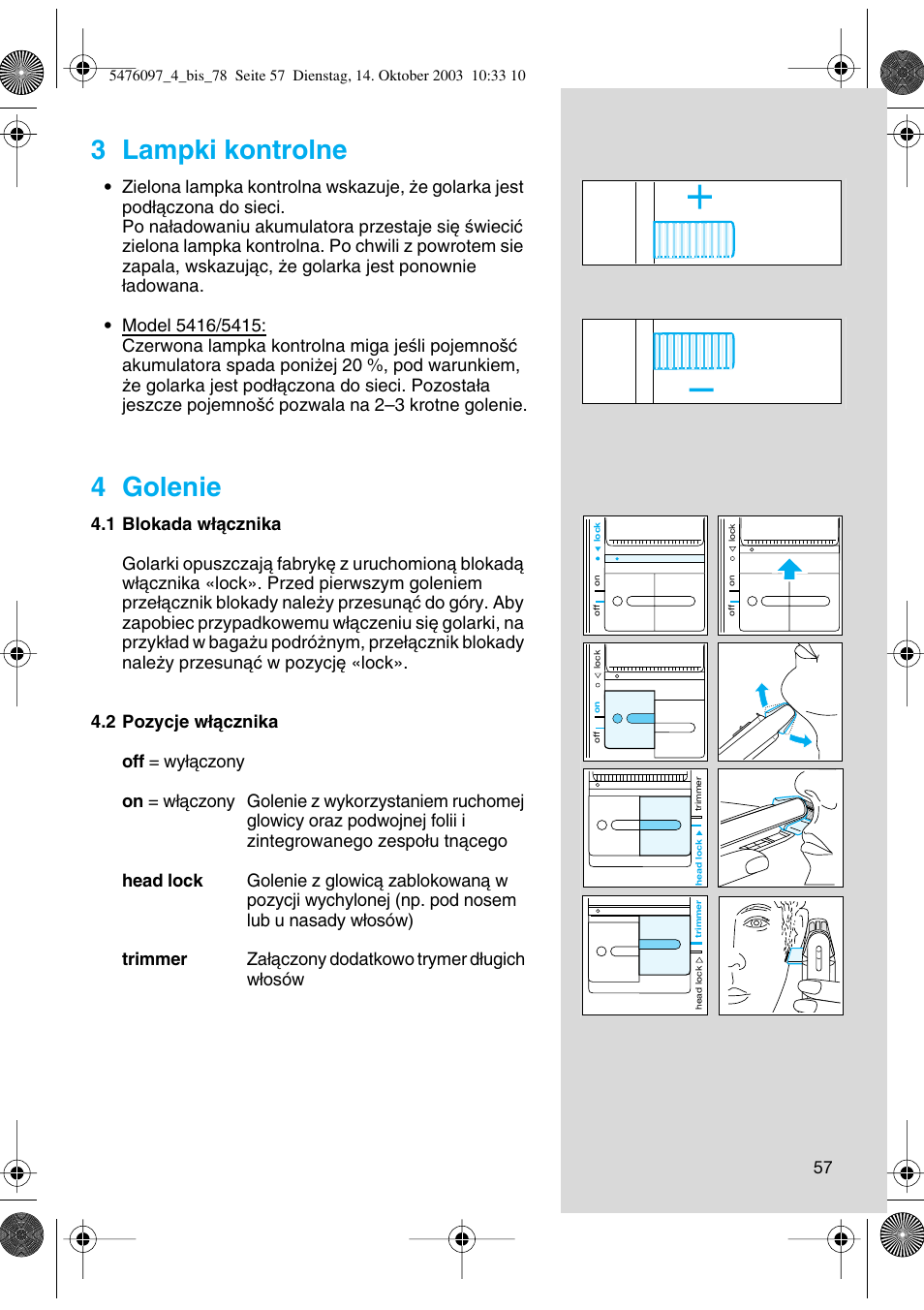 3 lampki kontrolne, 4 golenie | Braun 5414 Flex Integral User Manual | Page 57 / 76