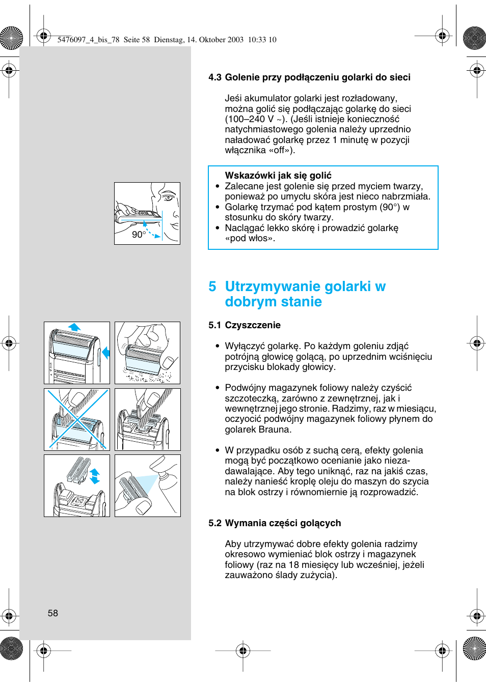 5 utrzymywanie golarki w dobrym stanie | Braun 5414 Flex Integral User Manual | Page 58 / 76