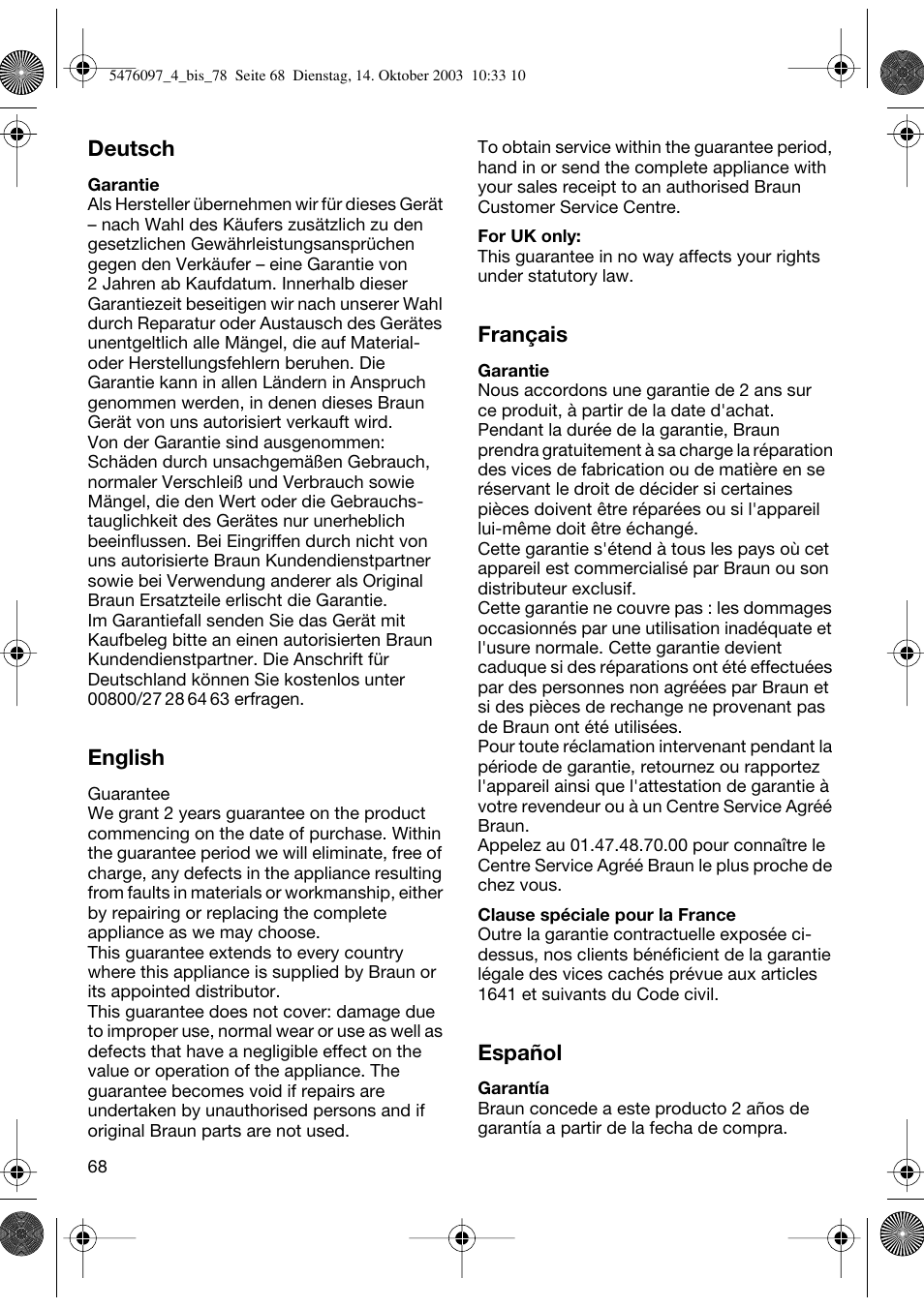 Braun 5414 Flex Integral User Manual | Page 68 / 76