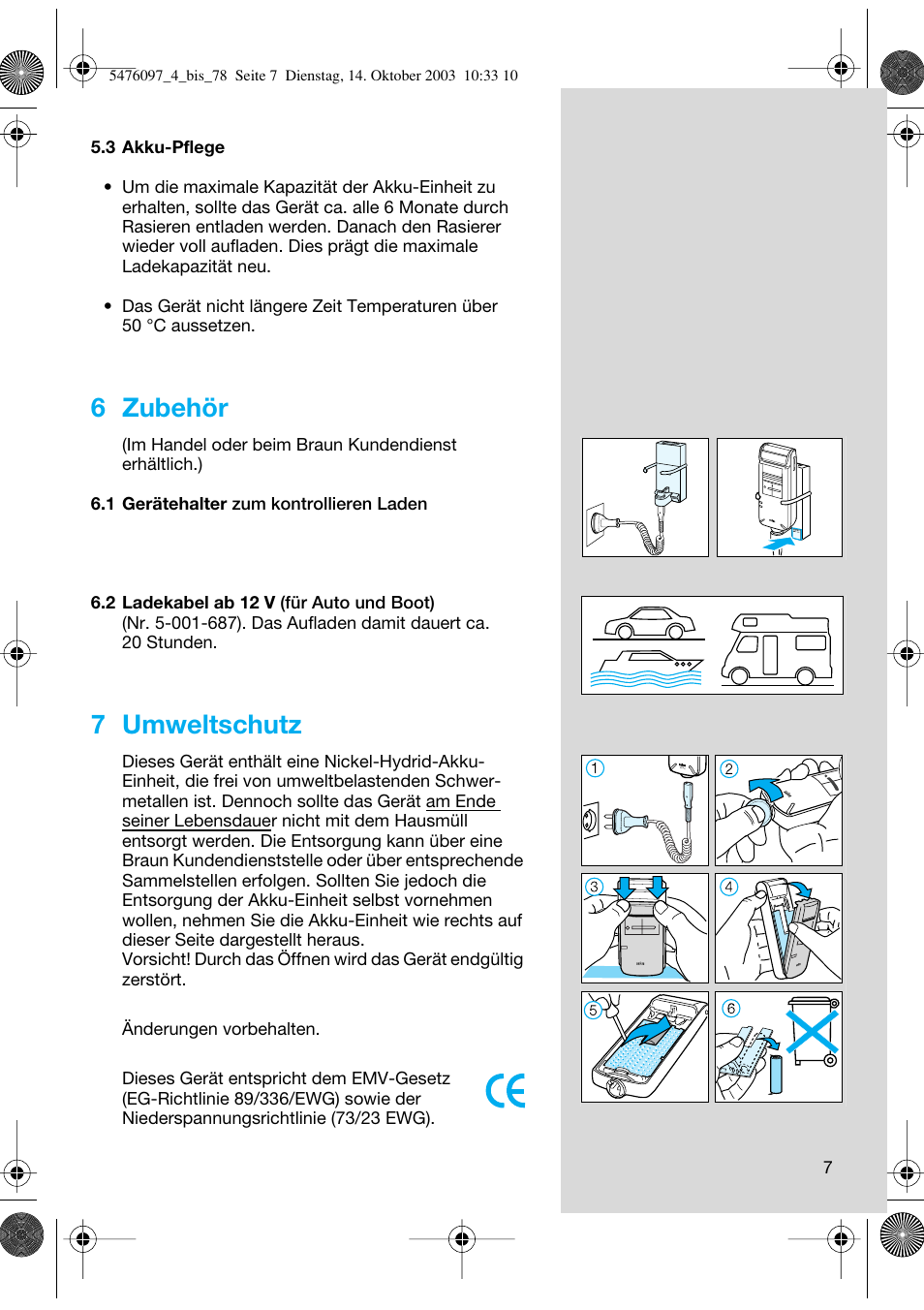 6 zubehör, 7 umweltschutz | Braun 5414 Flex Integral User Manual | Page 7 / 76