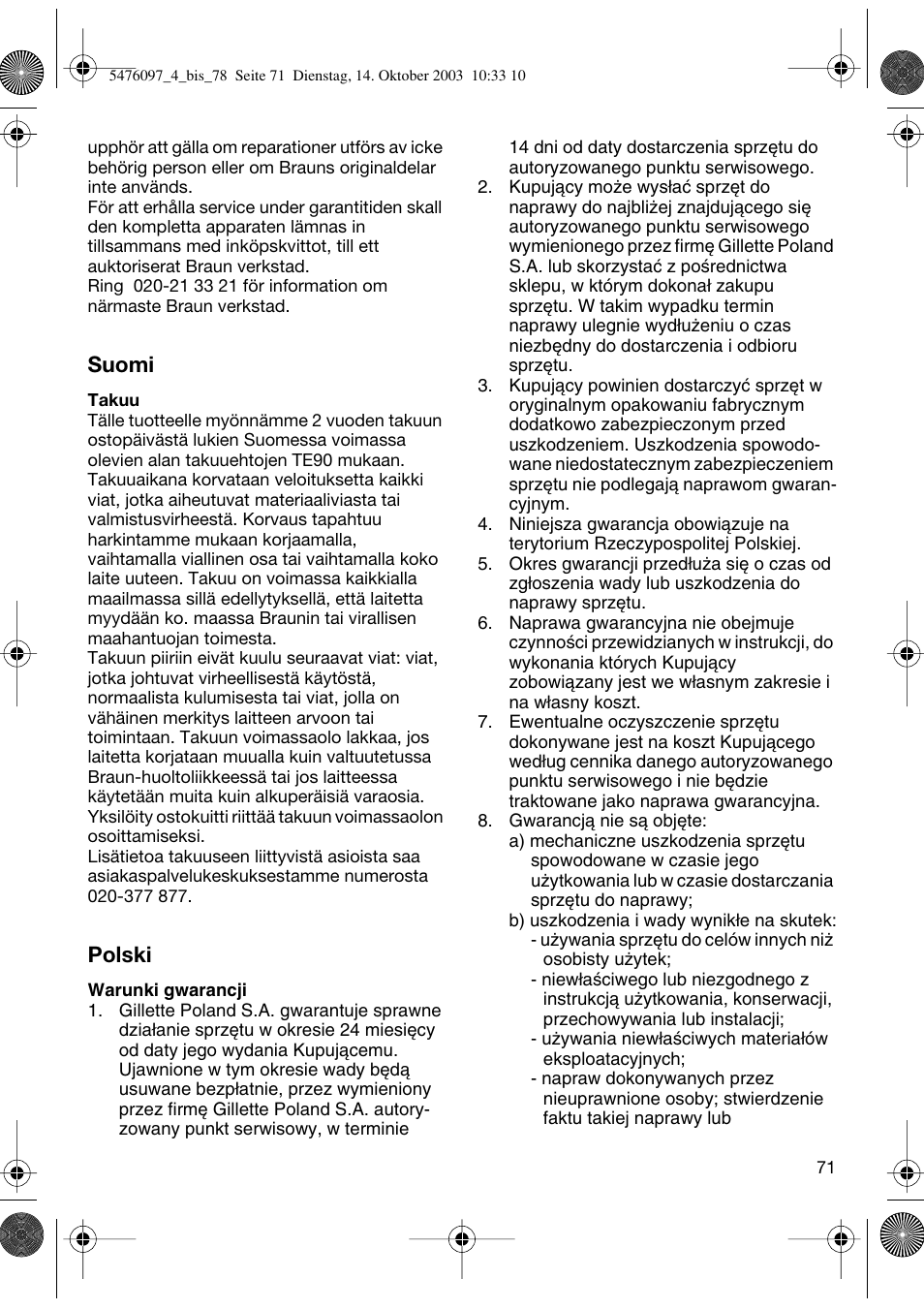 Suomi, Polski | Braun 5414 Flex Integral User Manual | Page 71 / 76
