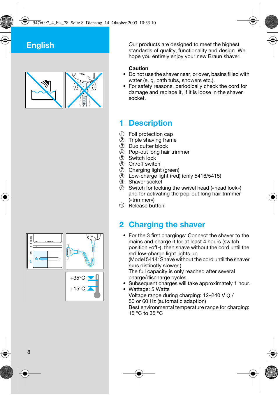 English, 1 description, 2 charging the shaver | Braun 5414 Flex Integral User Manual | Page 8 / 76