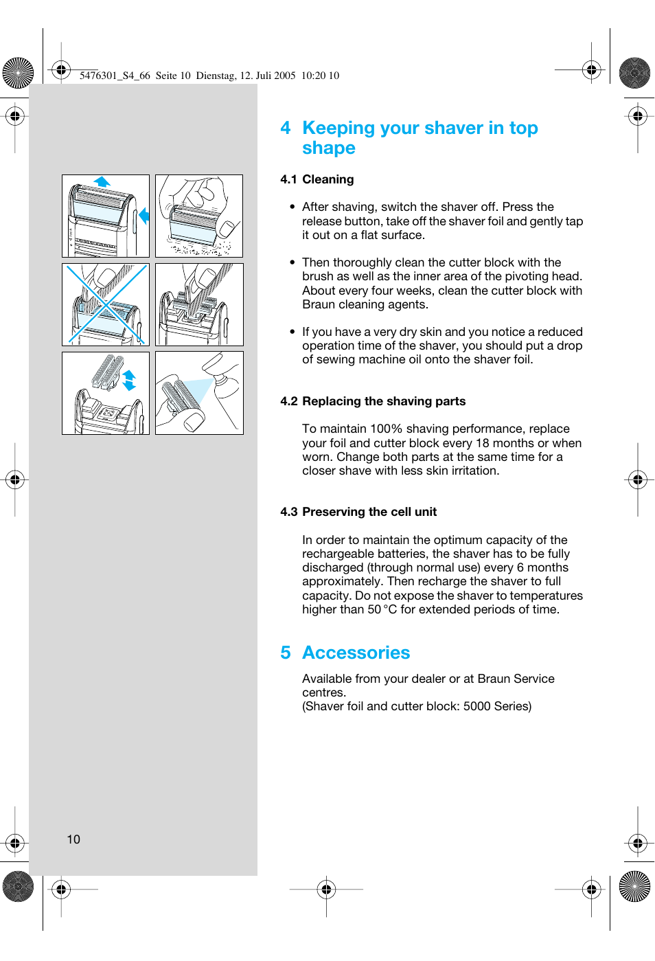 4 keeping your shaver in top shape, 5 accessories | Braun 5443 Flex Integral+ User Manual | Page 10 / 64