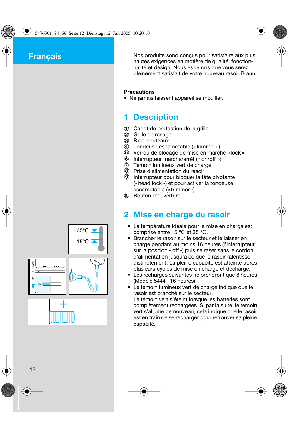 Français, 1 description, 2 mise en charge du rasoir | Braun 5443 Flex Integral+ User Manual | Page 12 / 64