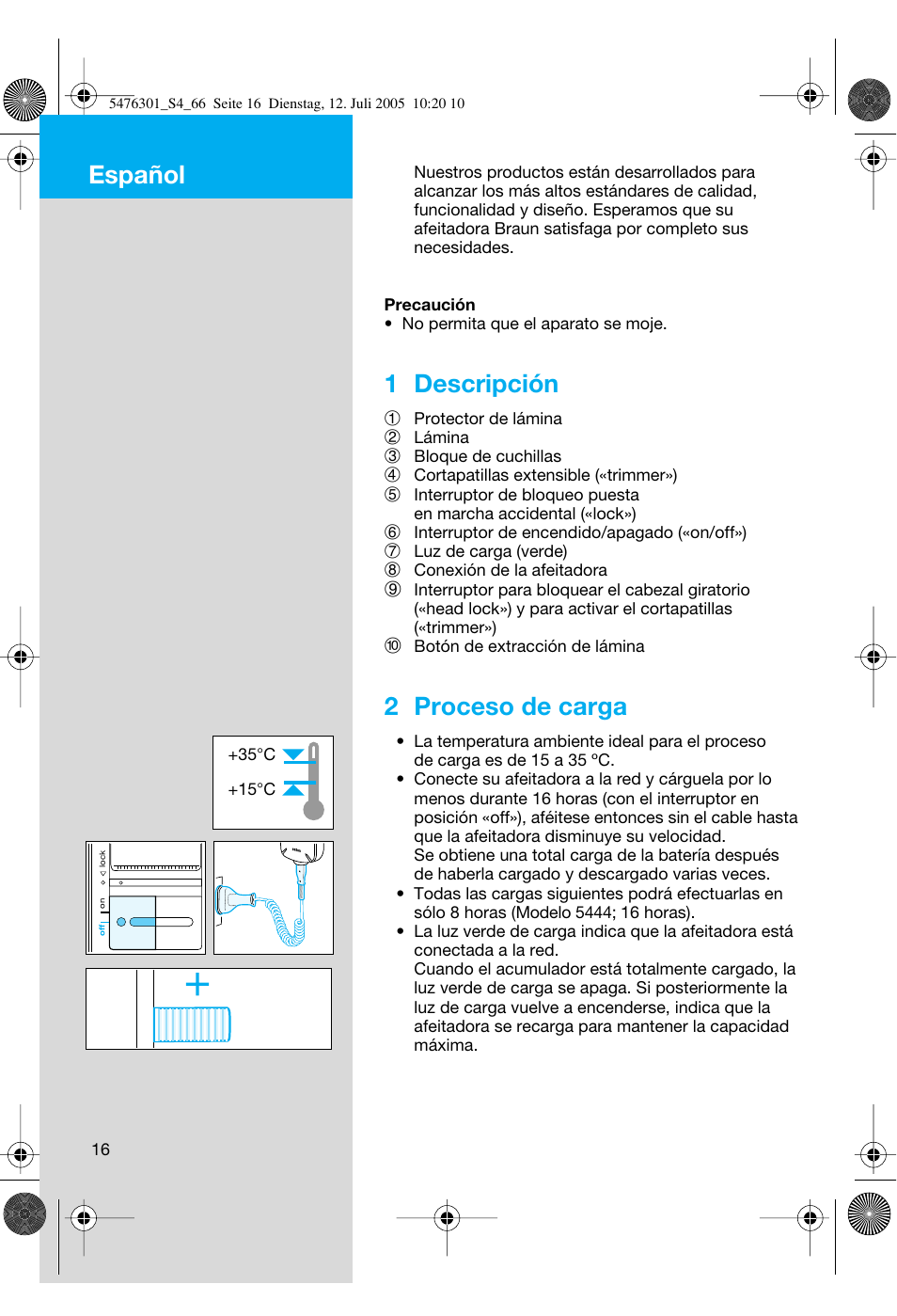 Español, 1 descripción, 2 proceso de carga | Braun 5443 Flex Integral+ User Manual | Page 16 / 64