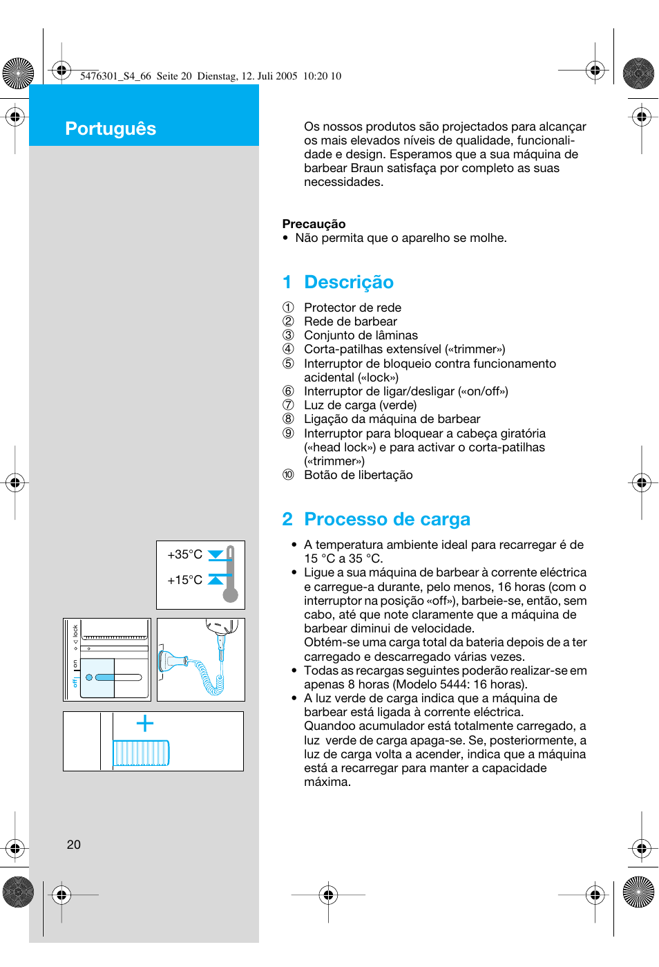 Português, 1 descrição, 2 processo de carga | Braun 5443 Flex Integral+ User Manual | Page 20 / 64