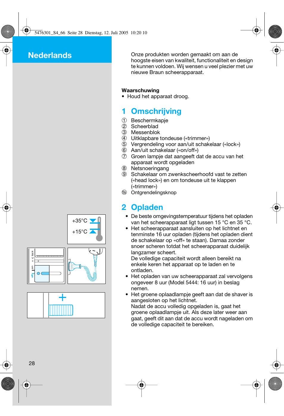 Nederlands, 1 omschrijving, 2 opladen | Braun 5443 Flex Integral+ User Manual | Page 28 / 64