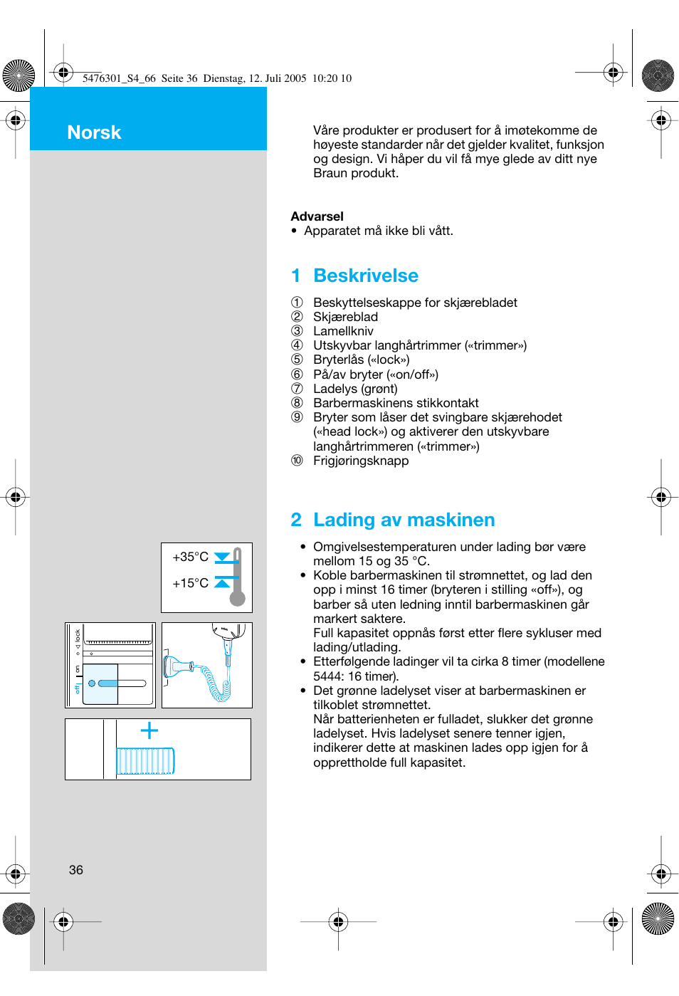 Norsk, 1 beskrivelse, 2 lading av maskinen | Braun 5443 Flex Integral+ User Manual | Page 36 / 64