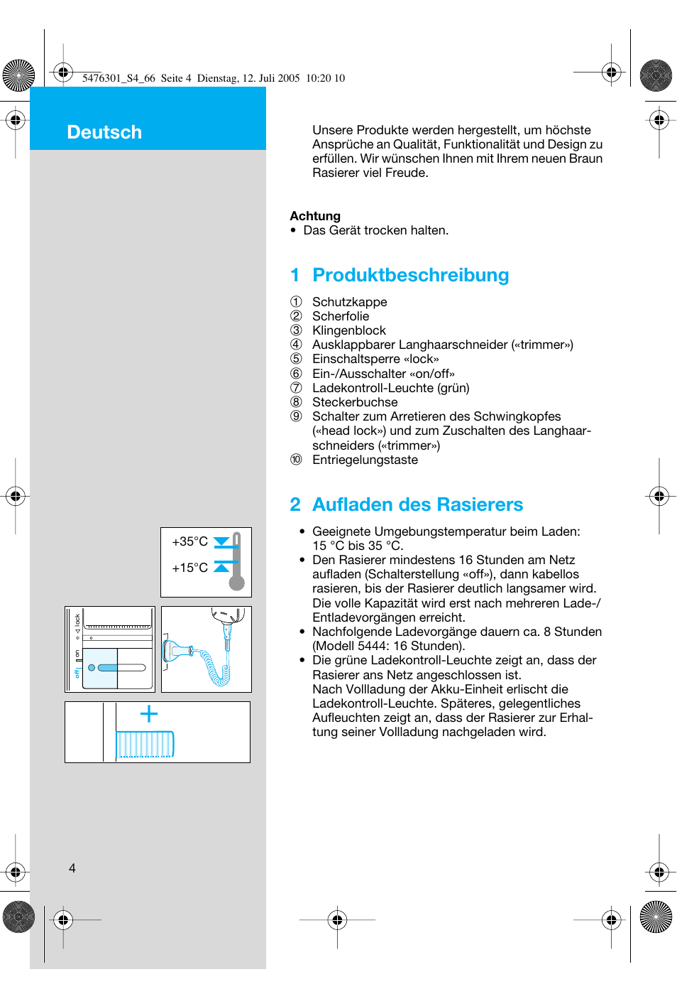 1 produktbeschreibung, 2 aufladen des rasierers, Deutsch | Braun 5443 Flex Integral+ User Manual | Page 4 / 64