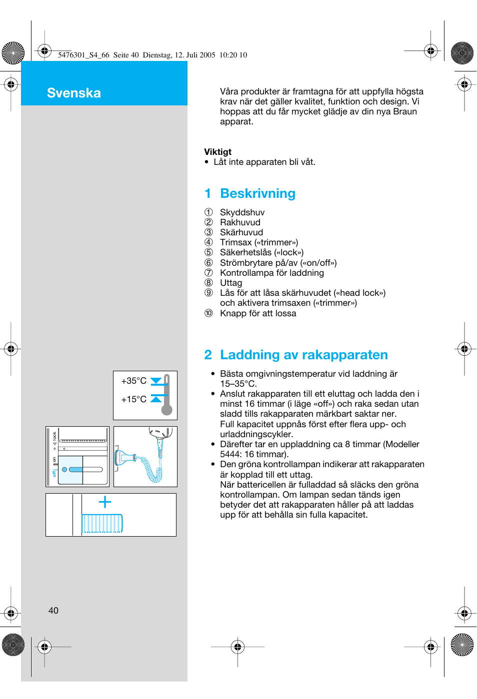 Svenska, 1 beskrivning, 2 laddning av rakapparaten | Braun 5443 Flex Integral+ User Manual | Page 40 / 64