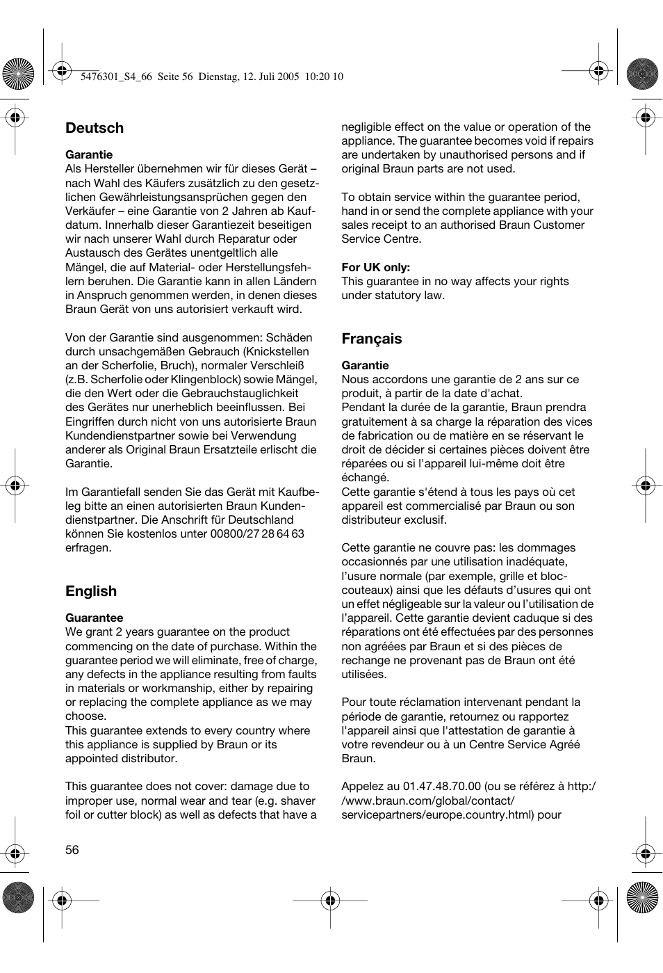 Deutsch, English, Français | Braun 5443 Flex Integral+ User Manual | Page 56 / 64