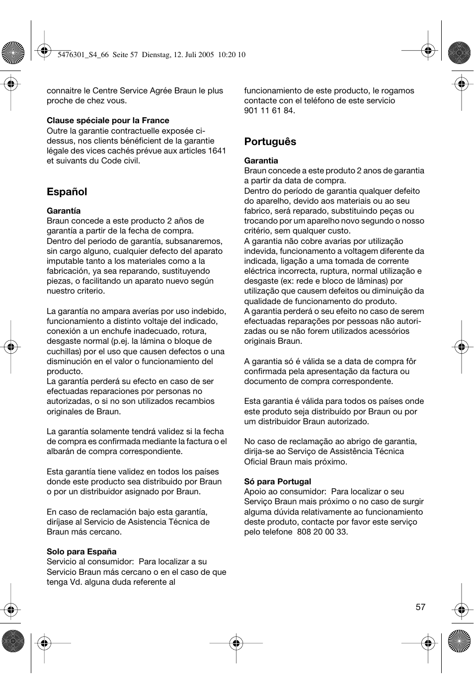 Español, Português | Braun 5443 Flex Integral+ User Manual | Page 57 / 64