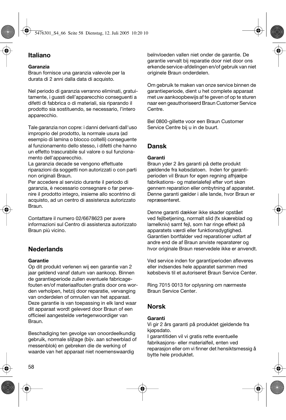 Italiano, Nederlands, Dansk | Norsk | Braun 5443 Flex Integral+ User Manual | Page 58 / 64