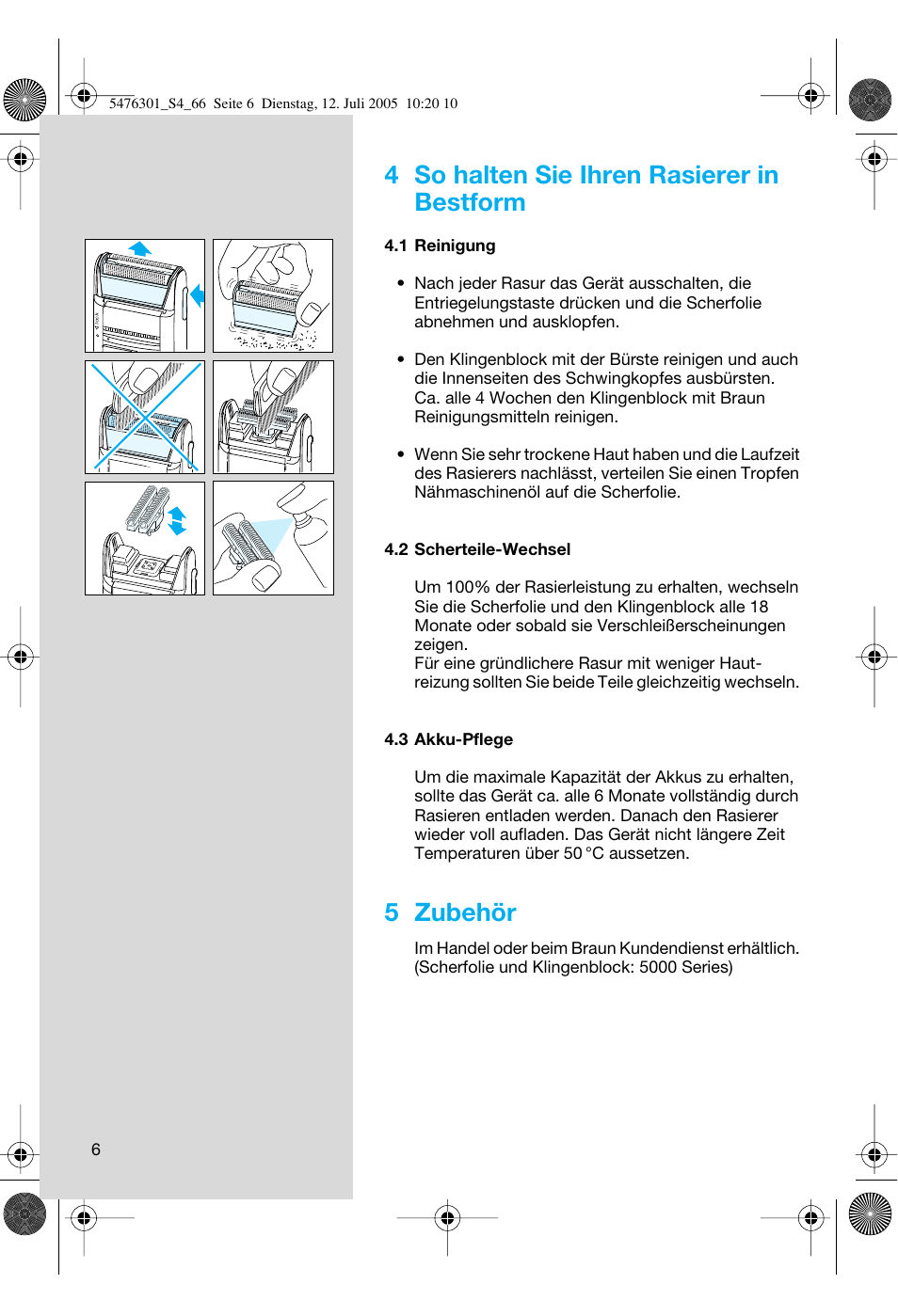4 so halten sie ihren rasierer in bestform, 5 zubehör | Braun 5443 Flex Integral+ User Manual | Page 6 / 64
