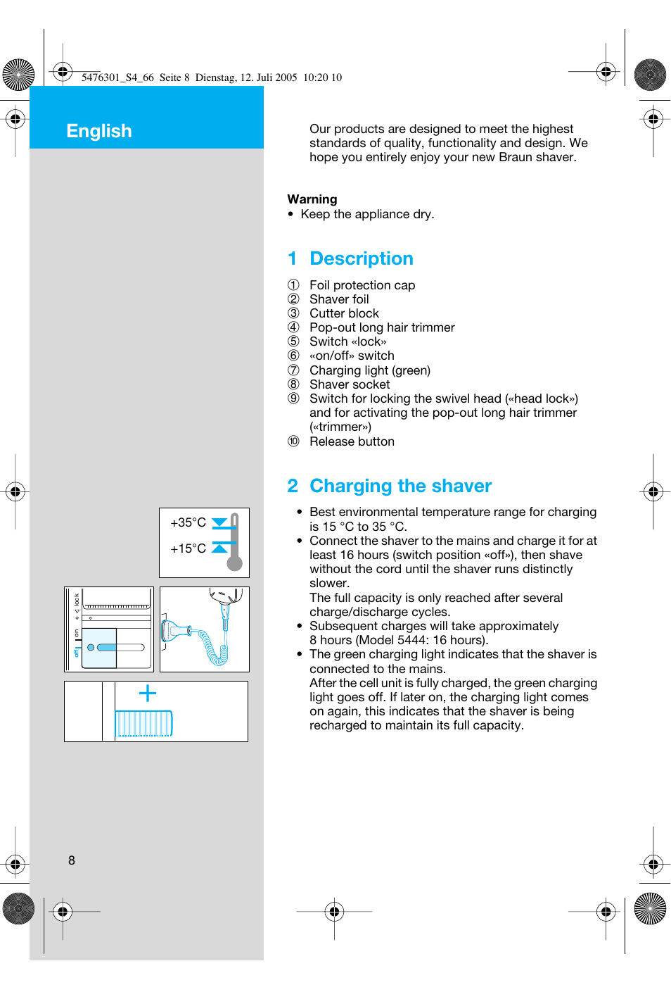 English, 1 description, 2 charging the shaver | Braun 5443 Flex Integral+ User Manual | Page 8 / 64
