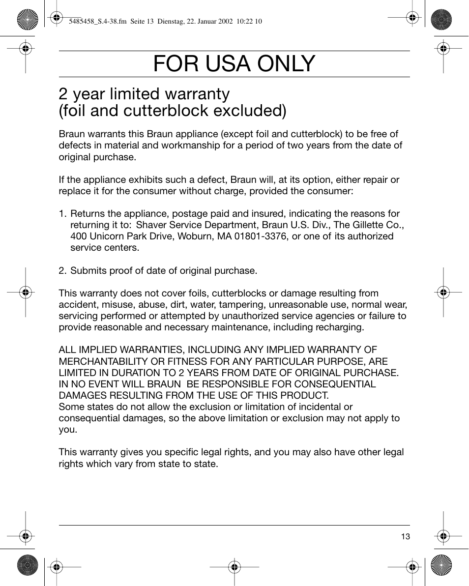 For usa only | Braun 5441 Flex Integral System User Manual | Page 13 / 35