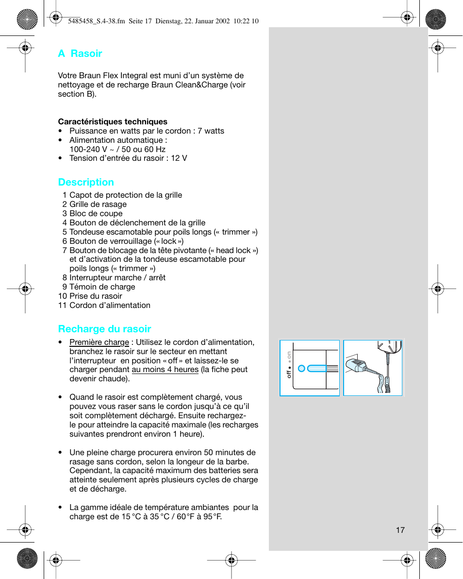 A rasoir, Description, Recharge du rasoir | Braun 5441 Flex Integral System User Manual | Page 17 / 35