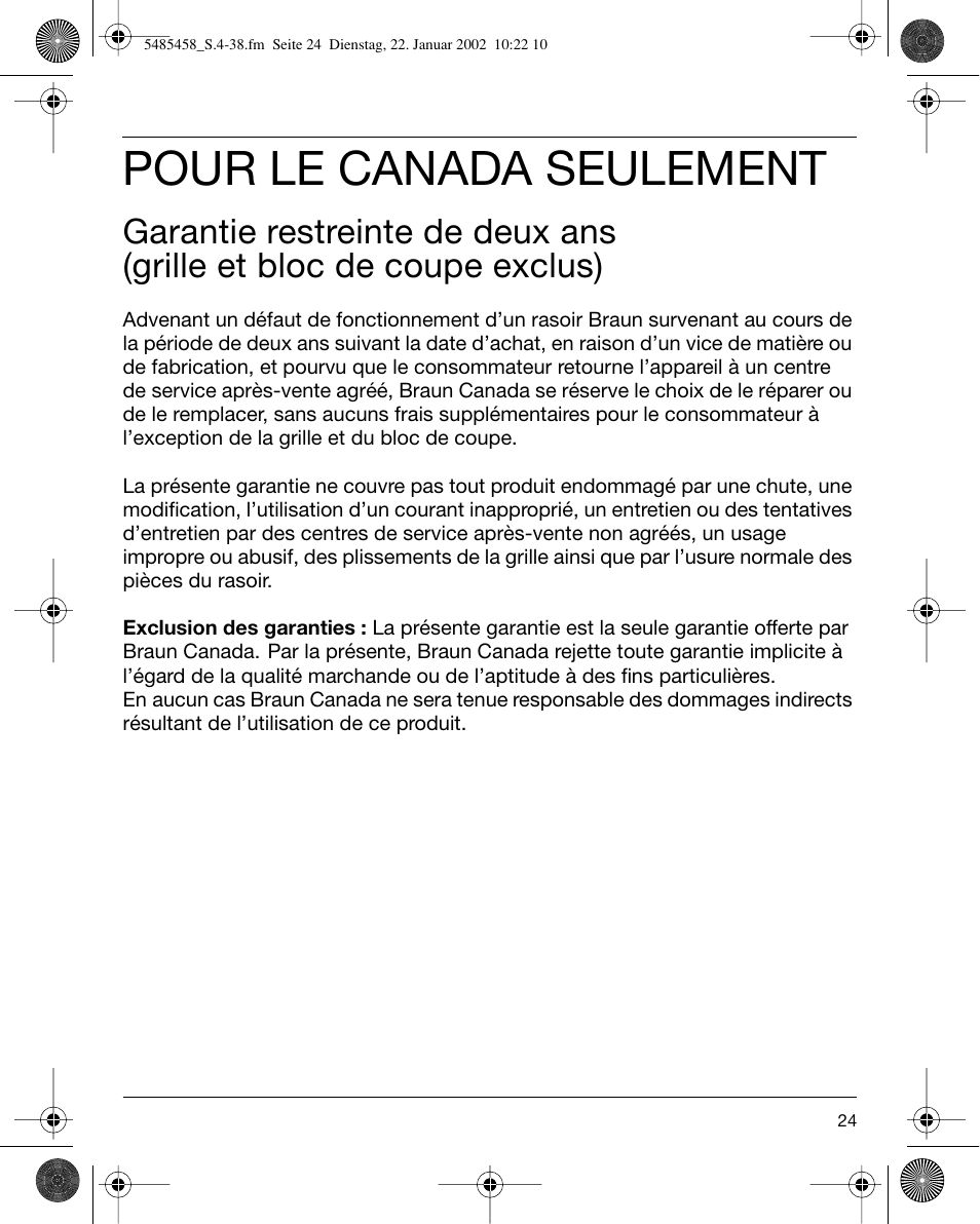 Pour le canada seulement | Braun 5441 Flex Integral System User Manual | Page 24 / 35
