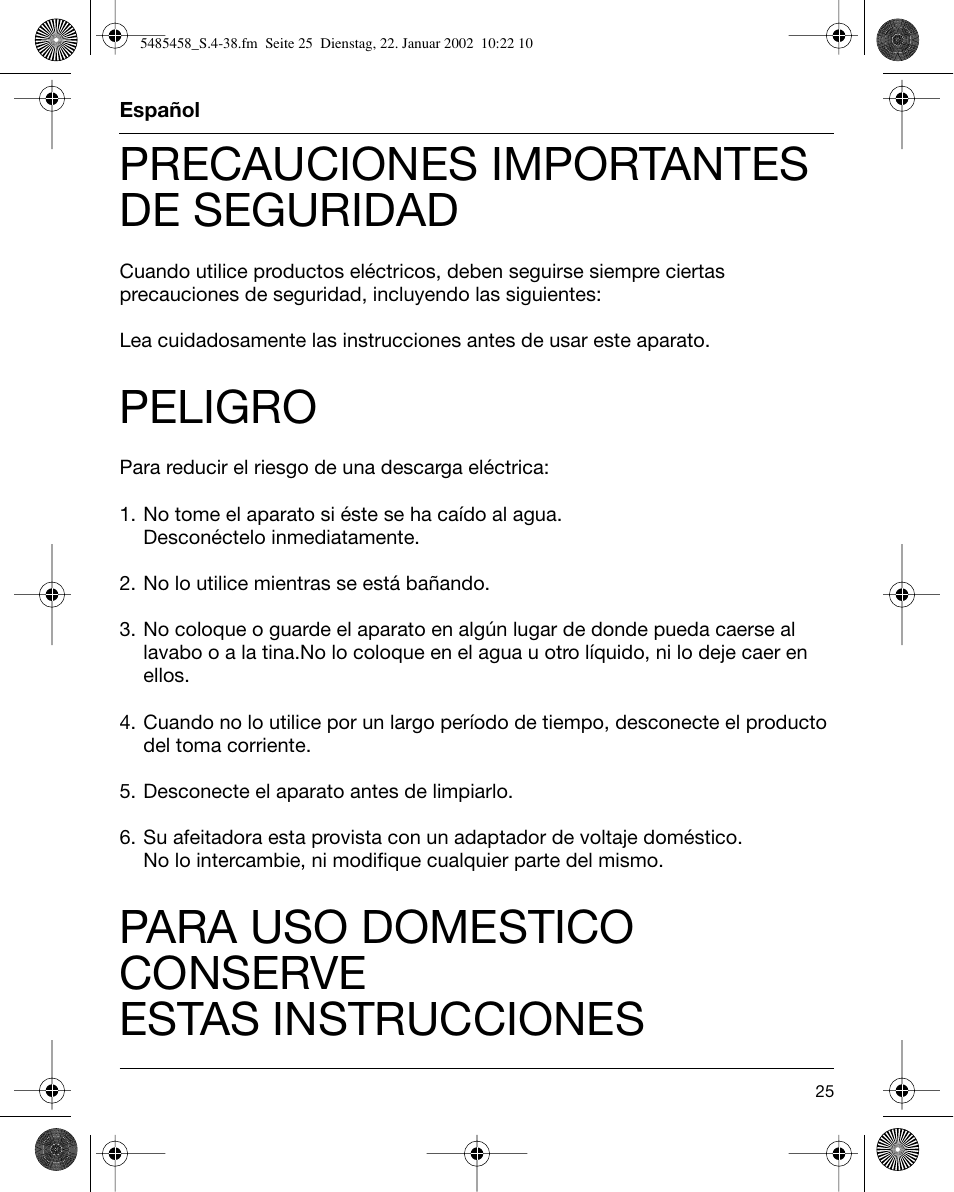 Español, Precauciones importantes de seguridad, Peligro | Para uso domestico conserve estas instrucciones | Braun 5441 Flex Integral System User Manual | Page 25 / 35
