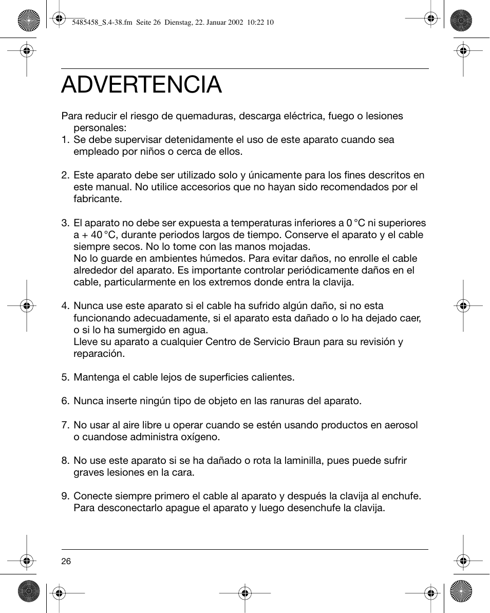 Advertencia | Braun 5441 Flex Integral System User Manual | Page 26 / 35