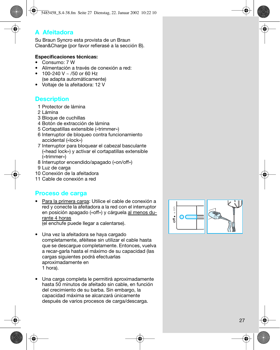 A afeitadora, Description, Proceso de carga | Braun 5441 Flex Integral System User Manual | Page 27 / 35