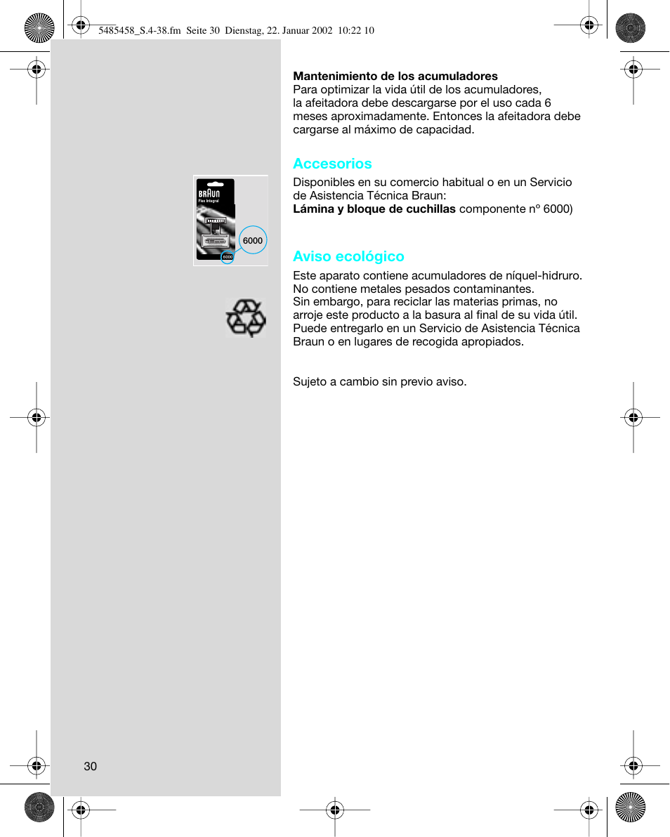 Accesorios, Aviso ecológico | Braun 5441 Flex Integral System User Manual | Page 30 / 35