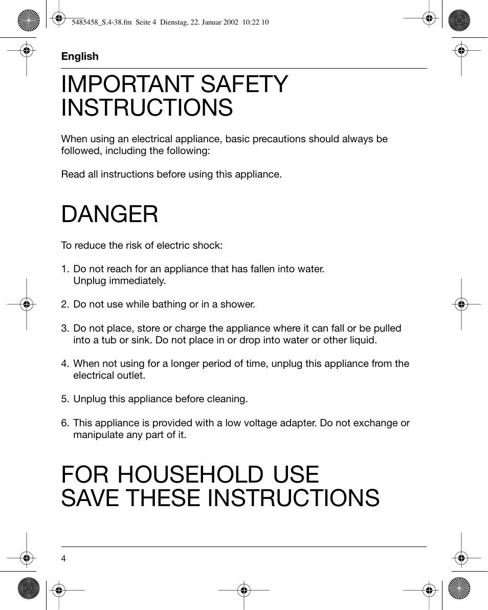 English, Important safety instructions, Danger | For household use save these instructions | Braun 5441 Flex Integral System User Manual | Page 4 / 35