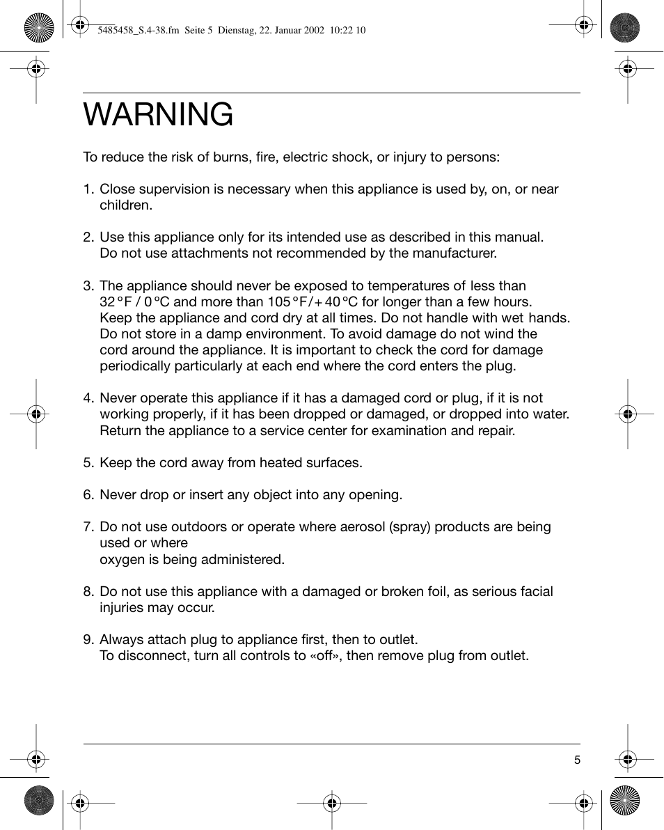 Warning | Braun 5441 Flex Integral System User Manual | Page 5 / 35