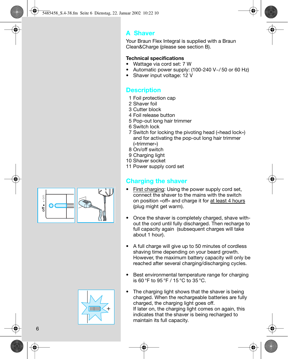 A shaver, Description, Charging the shaver | Braun 5441 Flex Integral System User Manual | Page 6 / 35