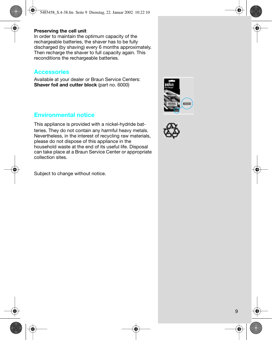 Accessories, Environmental notice | Braun 5441 Flex Integral System User Manual | Page 9 / 35